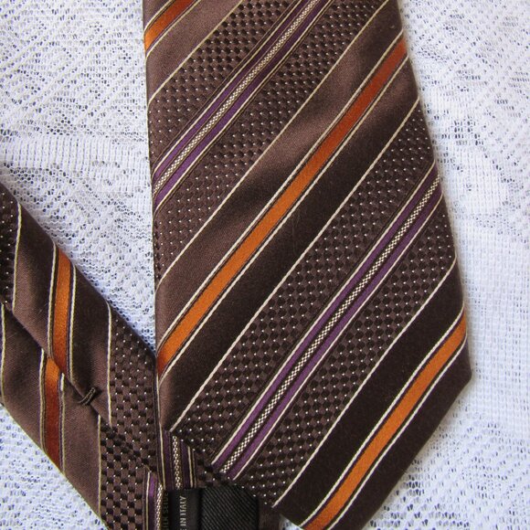 CANALI Tie 3.5" x 59" Brown Orange Textured Diagonal Stripe 100% Silk, - Picture 6 of 6